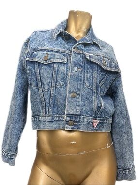 Vintage 90s GUESS Jeans Cropped 100% cotton Denim Jacket Acid Wash- Small, USA